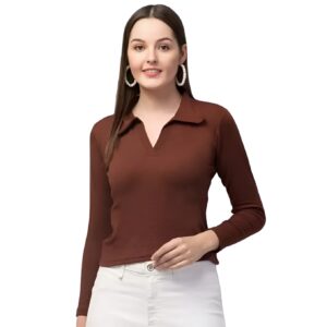 Slim Fit Collared Ribbed Brown T-Shirt for Women